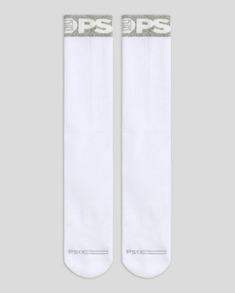 Two white crew socks with gray band branding at cuff and ankle.