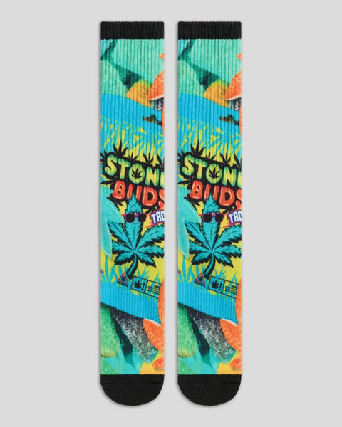 Pair of ribbed crew socks with tropical print featuring colorful geometric shapes, leaf motifs, and text on turquoise, yellow