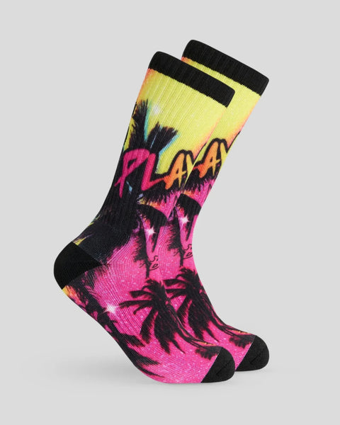 Pair of crew socks with neon yellow top, black cuff, and magenta lower section featuring abstract graphic design with black o