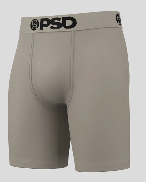 Beige boxer briefs with PSD waistband and center seam detail.