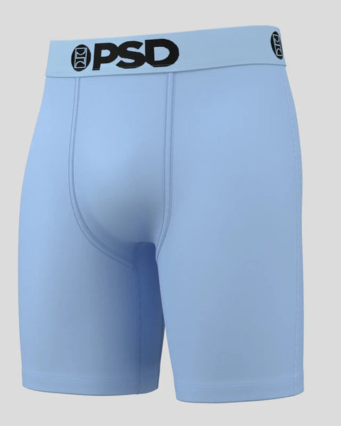 Light blue PSD brand boxer briefs with black logo waistband and center seam detail.