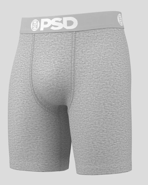 Gray heathered boxer briefs with gray waistband and white PSD logo.