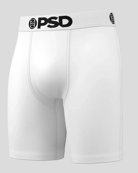White boxer briefs with black OPSD waistband and center fly seam detail.