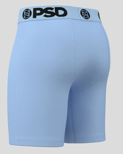 Light blue PSD brand boxer briefs with black waistband logo and side seam details.