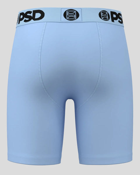 Light blue boxer briefs with PSD waistband and black logo details, displayed flat lay from back view.