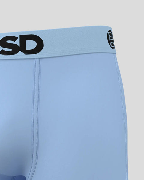 Light blue boxer briefs with black branded waistband and center seam detail.