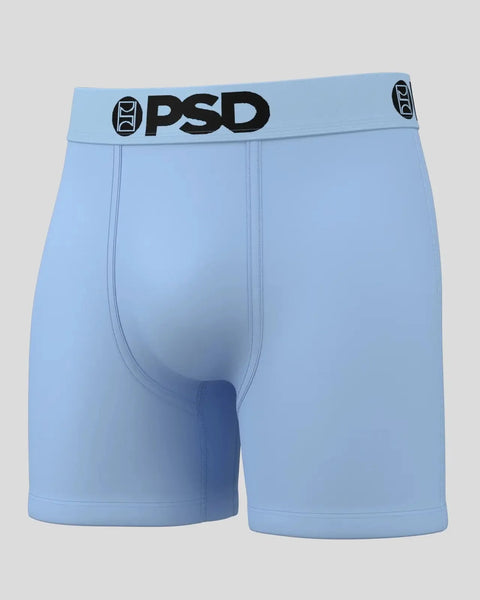 Light blue boxer briefs with black PSD waistband and logo.