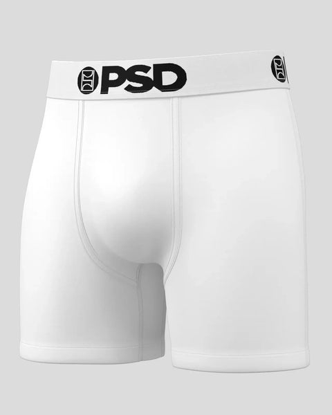 White boxer briefs with black PSD waistband and gray seams.
