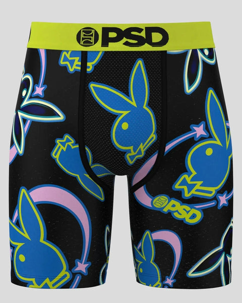 Black PSD boxer briefs with blue neon Playboy bunny heads, yellow outlines, pink stars, and neon yellow waistband.