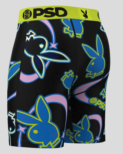 Black shorts with neon blue and yellow Playboy bunny logos and stars, lime green PSD waistband.