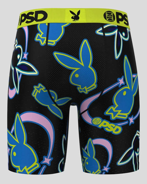 Black shorts with neon blue and pink Playboy bunny heads, stars, and yellow PSD waistband.