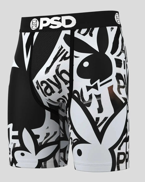 PSD men's boxer briefs with black and white Playboy bunny logo graphic pattern and mesh panels.