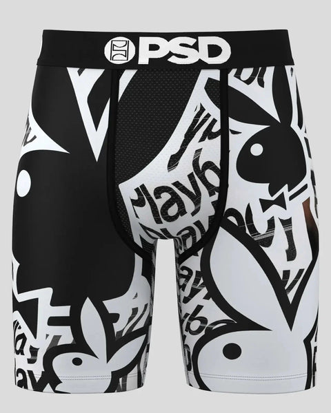 Black and white PSD boxer briefs with Playboy bunny logo print and elastic waistband.