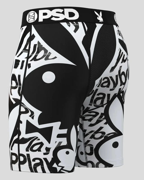 Black and white PSD boxer briefs with Playboy bunny logo, yin-yang graphic, and repeating text pattern throughout.