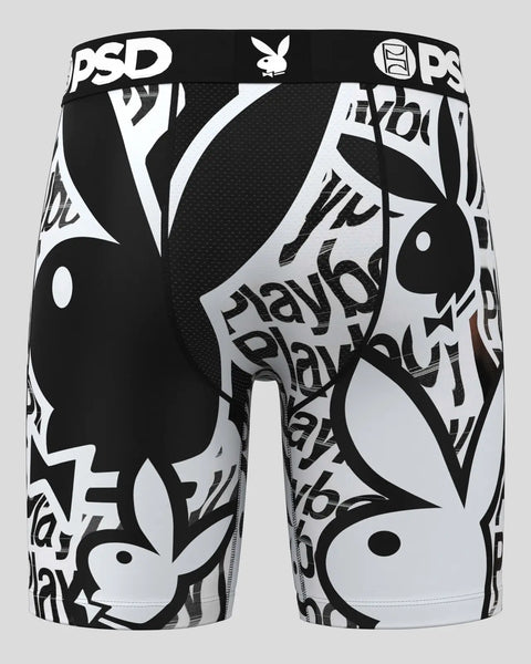 Black and white Playboy shorts with bunny logo and text pattern throughout.
