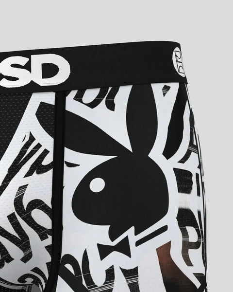 Black and white Playboy Scanner boxer briefs with bunny logo and geometric pattern design.