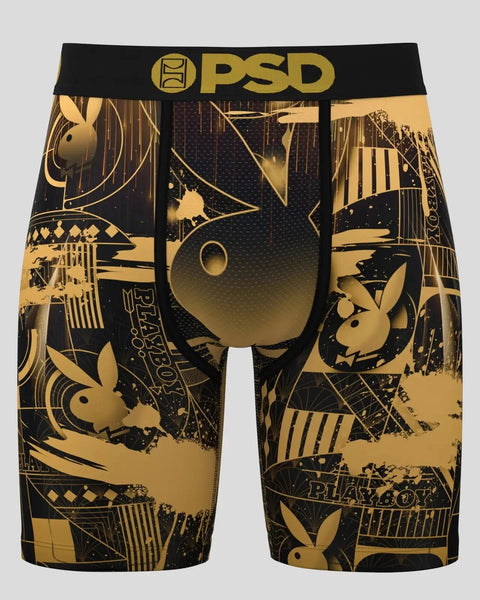 Black and gold Playboy boxer briefs with geometric art deco patterns and bunny logo throughout.