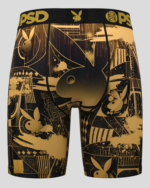 Black and gold Playboy boxer briefs with art deco-style bunny logos and geometric patterns.