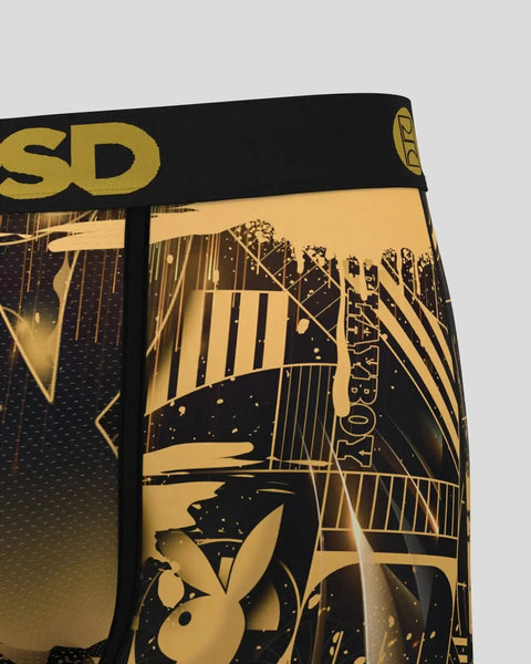 Black and gold Playboy Deco briefs with geometric art deco pattern and Playboy bunny logo.