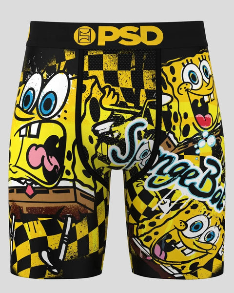 SpongeBob SquarePants boxer briefs with yellow and black checkered pattern, character faces, and splat design elements.