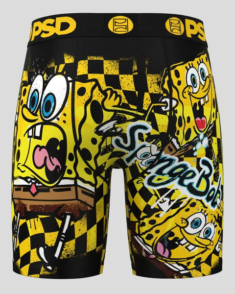 Black and yellow SpongeBob SquarePants boxer briefs with checkered pattern and character graphics, PSD waistband.