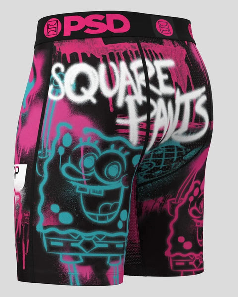 PSD boxer shorts with black, pink, and cyan SpongeBob SquarePants graphic and 