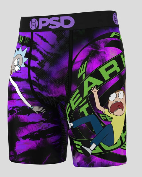 PSD men's boxer shorts with Rick and Morty characters and purple, black, and neon green graphic design.