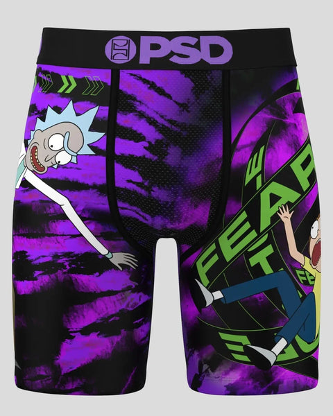 PSD boxer briefs featuring Rick and Morty characters with purple and black abstract background design and neon green text.