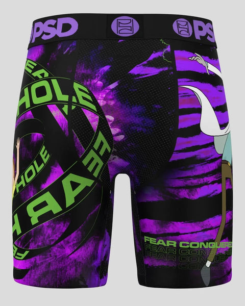 Black boxer briefs with purple and neon green Rick and Morty graphics, PSD waistband, and 