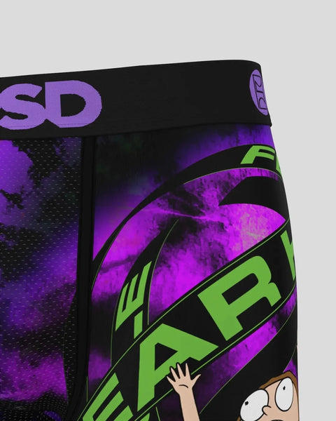 Black boxer briefs with purple and lime green Rick and Morty graphics and text on waistband and leg.