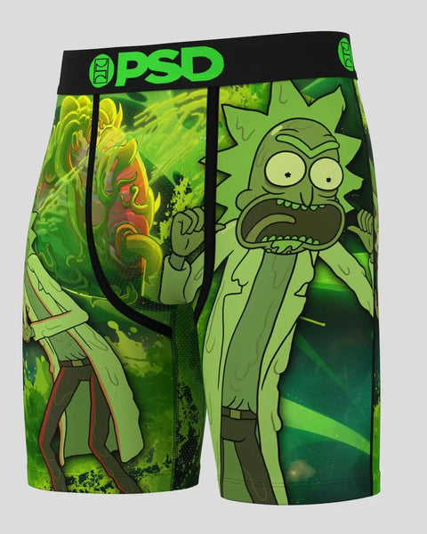 PSD boxer briefs featuring Rick and Morty characters in green and yellow slime design with black waistband.