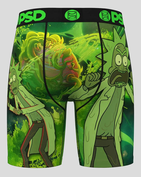 Green PSD underwear shorts with Rick and Morty cartoon characters and yellow slime design throughout.