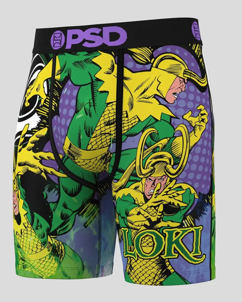 PSD boxer briefs featuring Loki character artwork in green, yellow, and purple with comic-style illustrations.