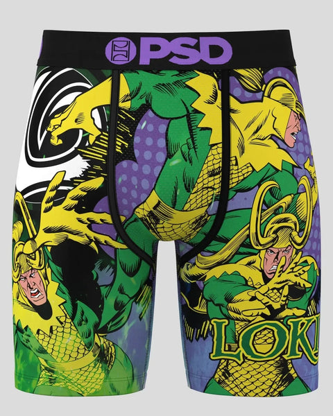PSD brand boxer briefs with Loki character artwork in yellow, green, and purple comic-style print.