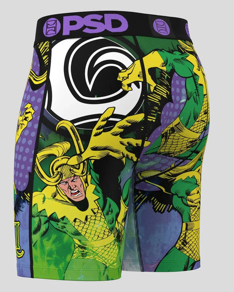 PSD men's boxer shorts featuring Loki character in yellow, green, and purple comic-book style artwork with black waistband.