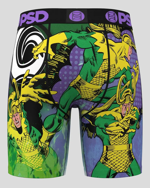 PSD Loki boxer briefs with comic book-style green and yellow character artwork and purple waistband.