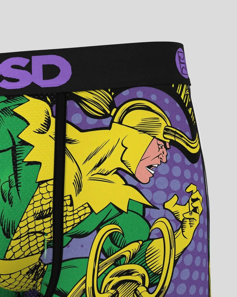 Black boxer briefs with colorful comic-style Loki illustration in yellow, green, and purple.