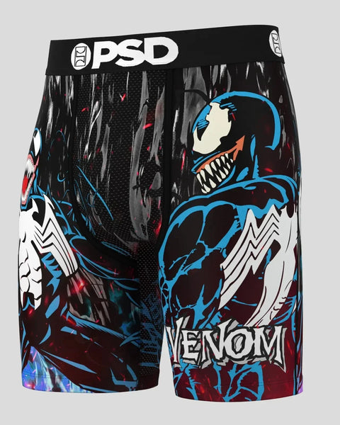 Black PSD shorts with Venom character design featuring blue outline, white teeth, and red accents.