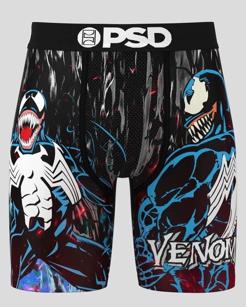 PSD black boxer briefs with Venom character artwork in blue, white, and red featuring open mouth and muscular designs.