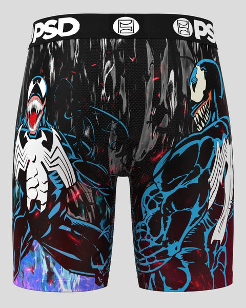 PSD brand black boxer briefs with blue and white Venom character graphics and red accents.