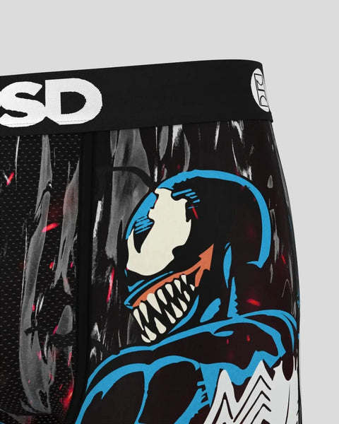 Black boxer briefs with Venom character illustration featuring blue outline, white face, and bared teeth design.