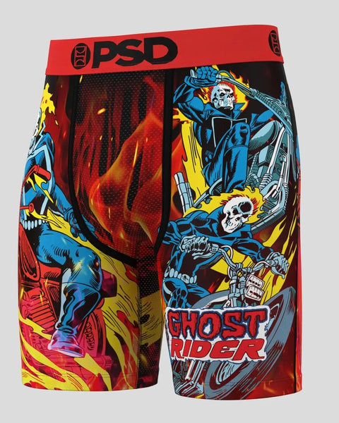 PSD boxer shorts with Ghost Rider character design, flaming skull graphics, and red waistband.