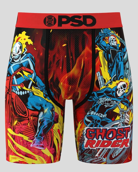 PSD brand boxer briefs featuring Ghost Rider character artwork with flaming skull design in red, yellow, and blue.