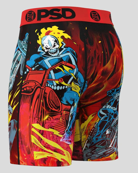 PSD boxer briefs featuring Ghost Rider character with flaming skull, blue outfit, and red motorcycle on black and red backgro