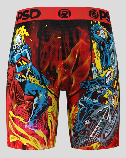 Red PSD boxer briefs with Ghost Rider character illustrations, flames, and motorcycle graphics throughout.