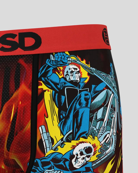 Ghost Rider character in blue and red costume with skull design on red waistband with black text.