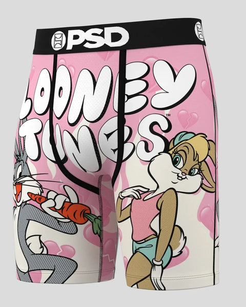 PSD boxer briefs with pink background featuring Looney Tunes characters Bugs Bunny and Lola Bunny surrounded by hearts.