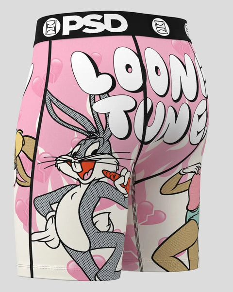 PSD men's boxer briefs featuring Bugs Bunny and Lola Bunny on pink background with black waistband.