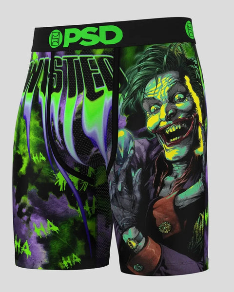 PSD shorts featuring Joker character with green and purple graphic design and neon yellow accents throughout.