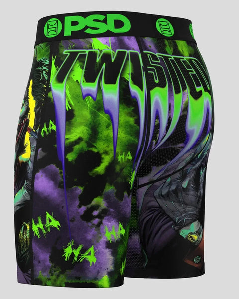 PSD Joker Twisted shorts with neon green and purple graphic print on black background and green waistband.